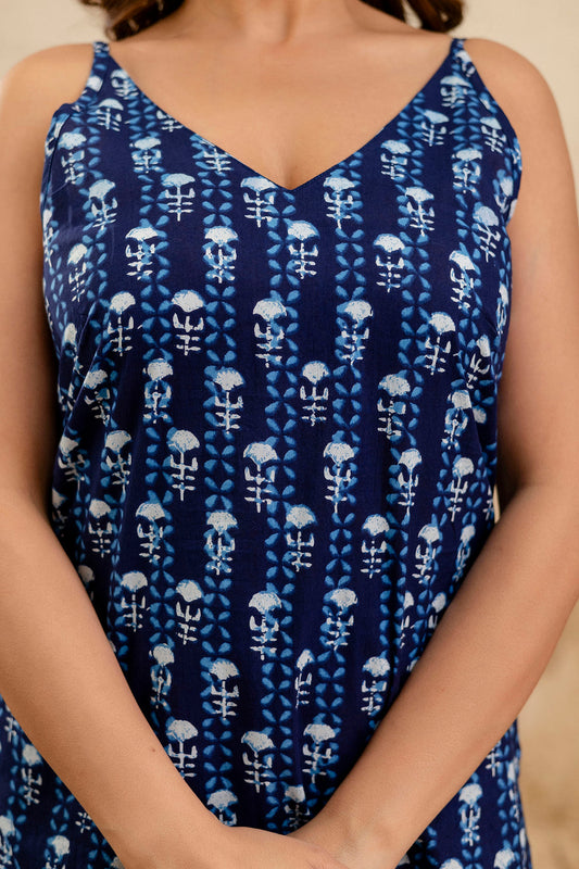 Blue Printed Sleeveless Top for Women | LASVINI - Redefining Indian Fashion with Elegance
