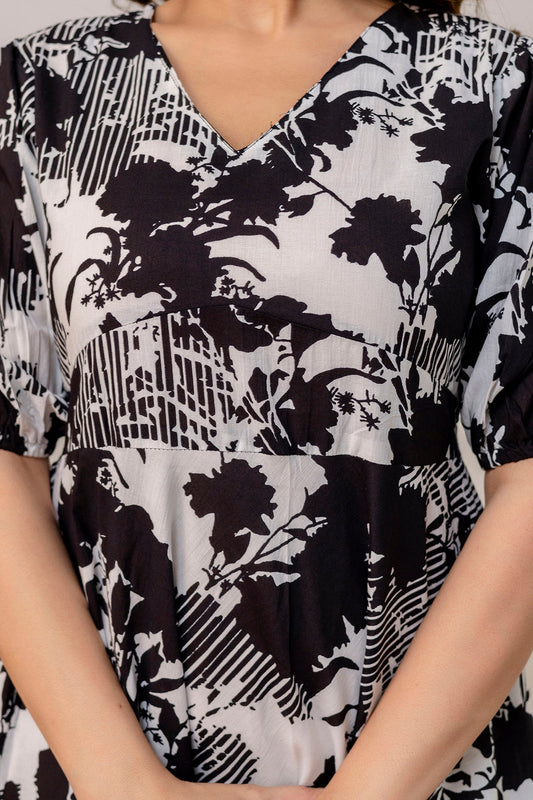 Black Floral Printed Flared Dress for Women | LASVINI - Redefining Indian Fashion with Elegance