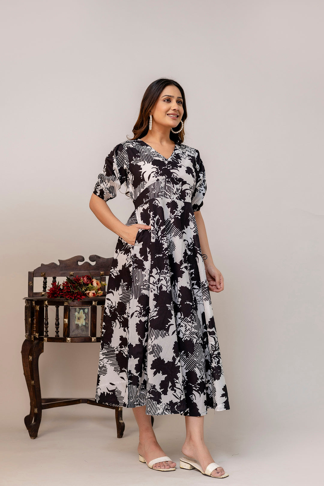 Black Floral Printed Flared Dress for Women | LASVINI - Redefining Indian Fashion with Elegance