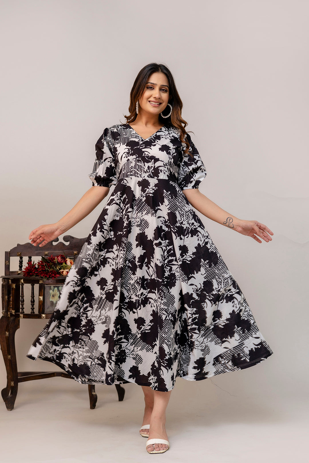 Black Floral Printed Flared Dress for Women | LASVINI - Redefining Indian Fashion with Elegance