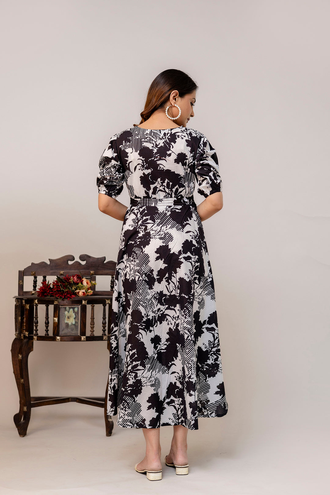 Black Floral Printed Flared Dress for Women | LASVINI - Redefining Indian Fashion with Elegance