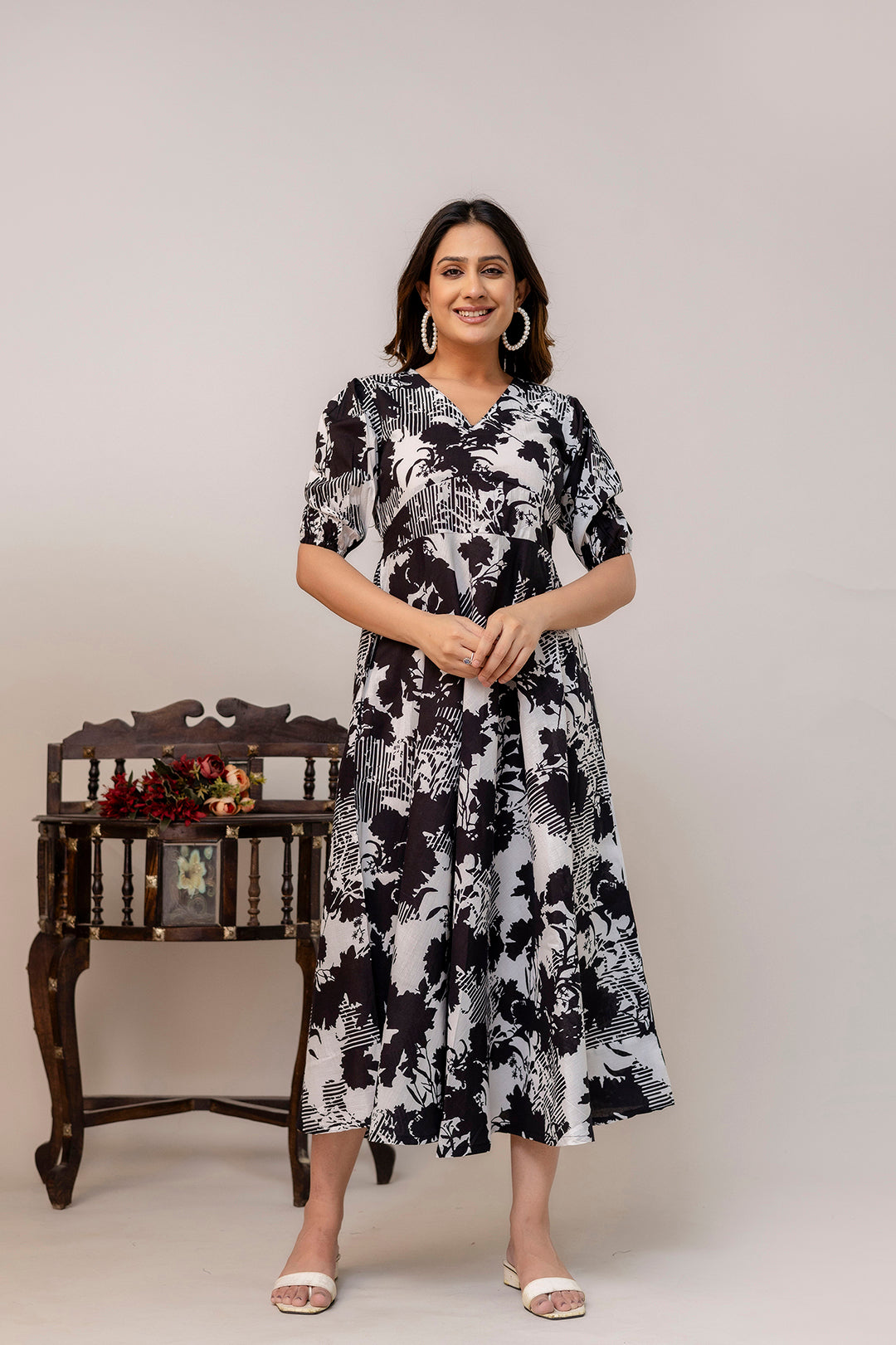 Black Floral Printed Flared Dress for Women | LASVINI - Redefining Indian Fashion with Elegance