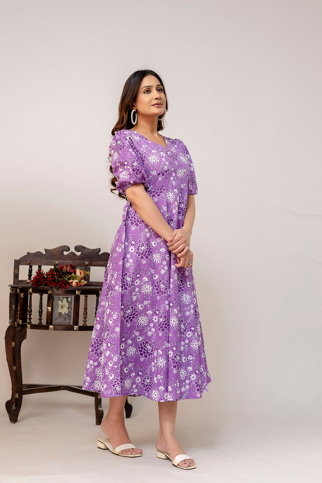 Purple Floral Printed Flared Dress for Women | LASVINI - Redefining Indian Fashion with Elegance