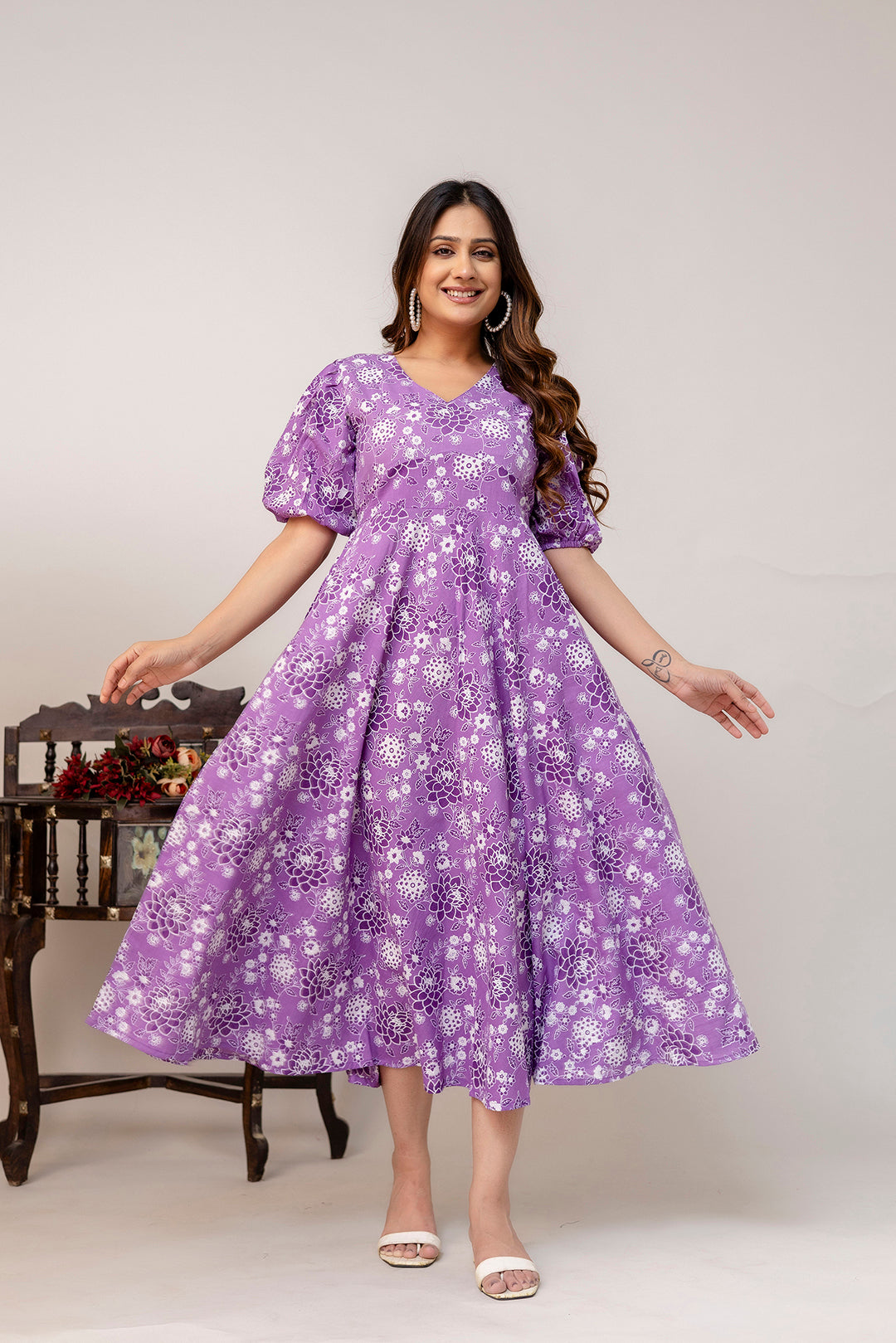 Purple Floral Printed Flared Dress for Women | LASVINI - Redefining Indian Fashion with Elegance