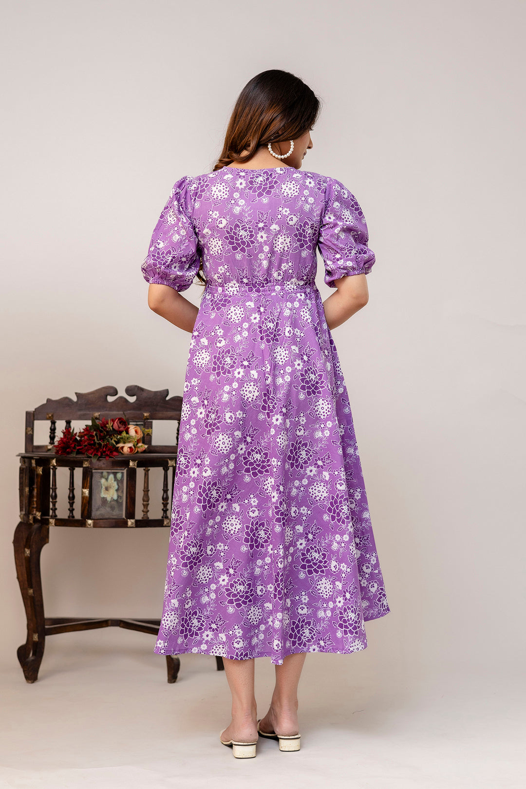 Purple Floral Printed Flared Dress for Women | LASVINI - Redefining Indian Fashion with Elegance
