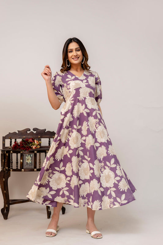 Purple Floral Printed Flared Dress for Women | LASVINI - Redefining Indian Fashion with Elegance