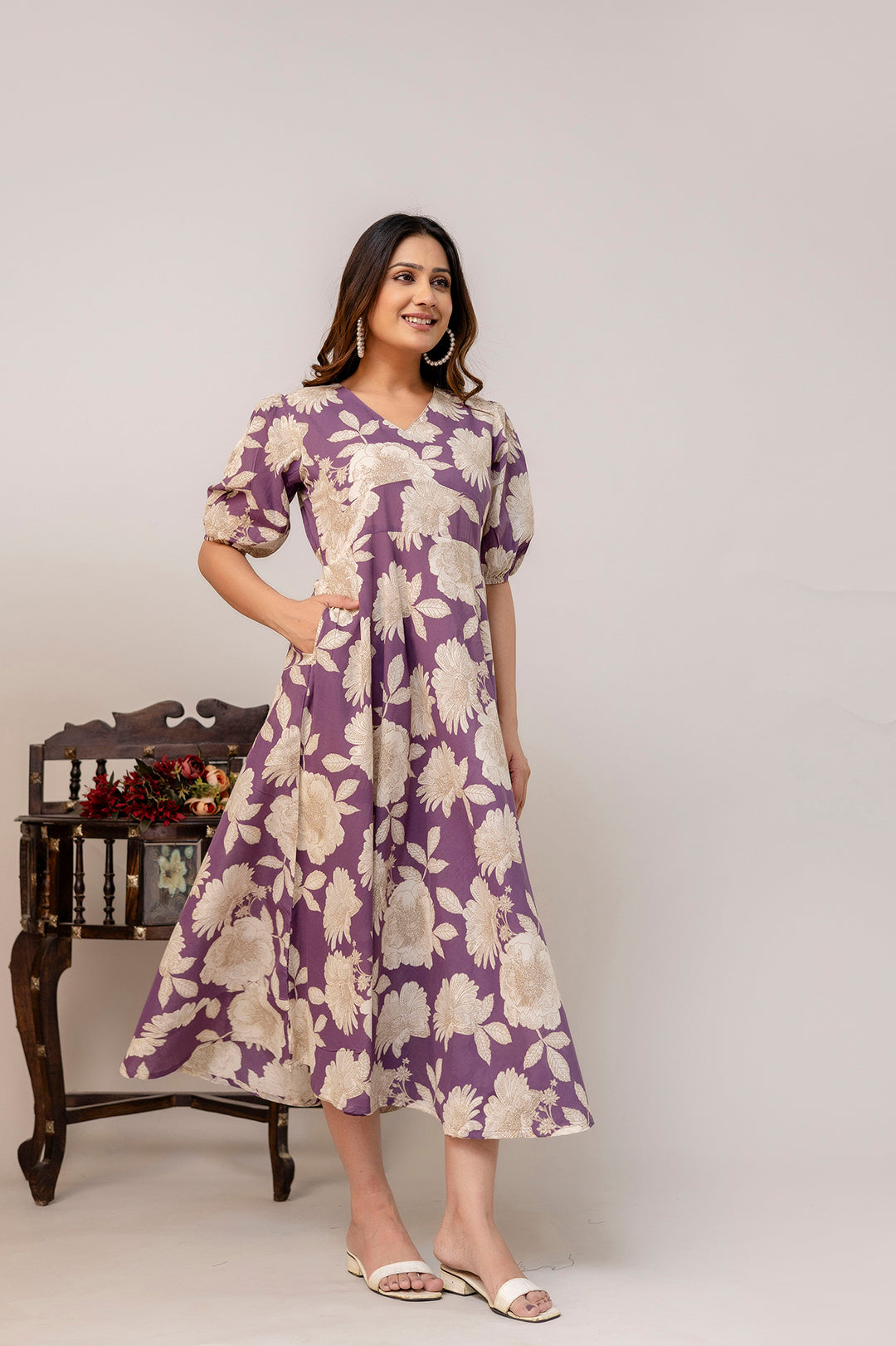 Purple Floral Printed Flared Dress for Women | LASVINI - Redefining Indian Fashion with Elegance