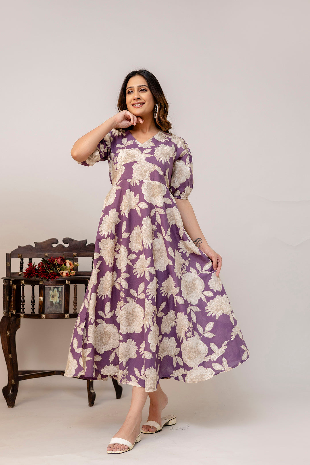 Purple Floral Printed Flared Dress for Women | LASVINI - Redefining Indian Fashion with Elegance