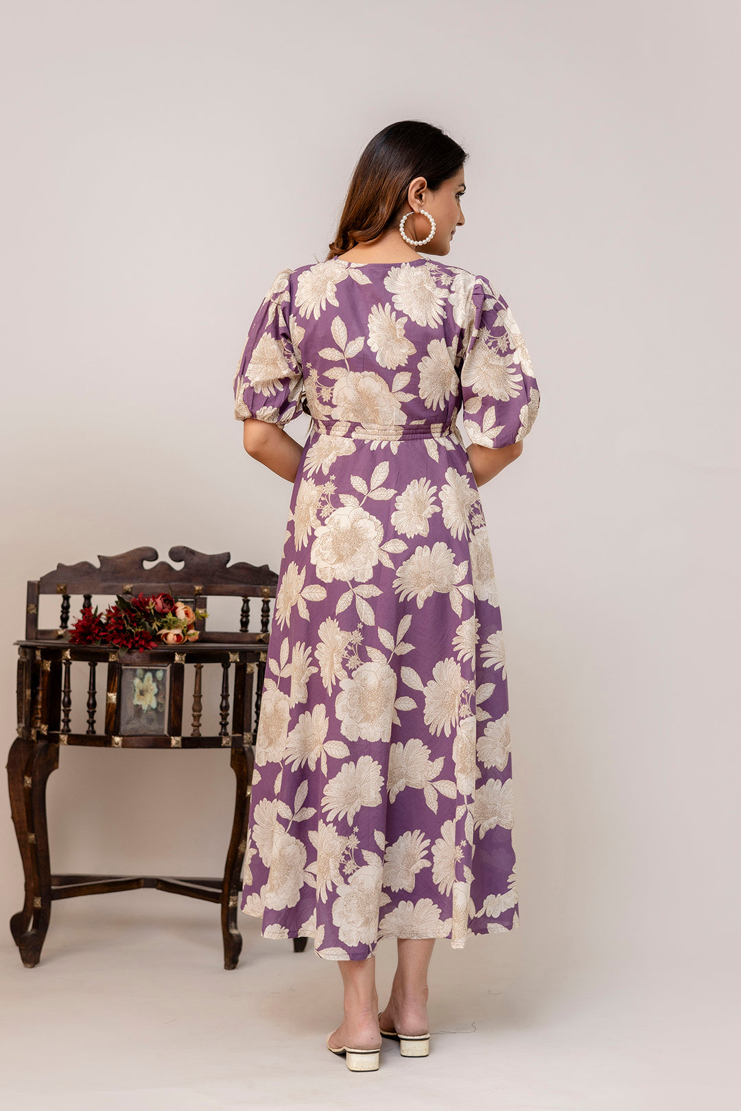 Purple Floral Printed Flared Dress for Women | LASVINI - Redefining Indian Fashion with Elegance