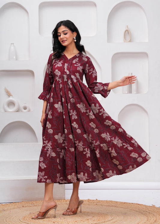 Burgundy Floral Printed Flared Dress for Women | LASVINI - Redefining Indian Fashion with Elegance