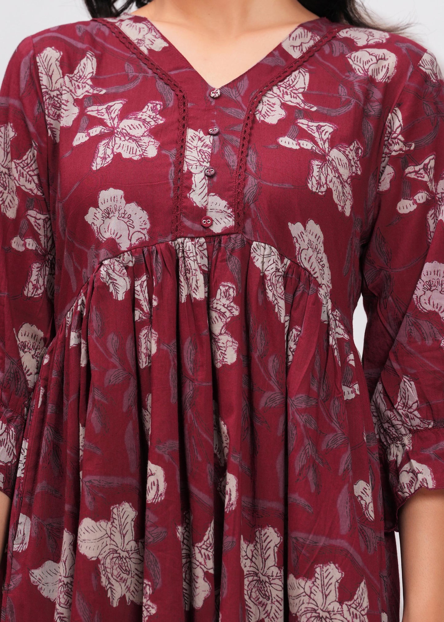 Burgundy Floral Printed Flared Dress for Women | LASVINI - Redefining Indian Fashion with Elegance