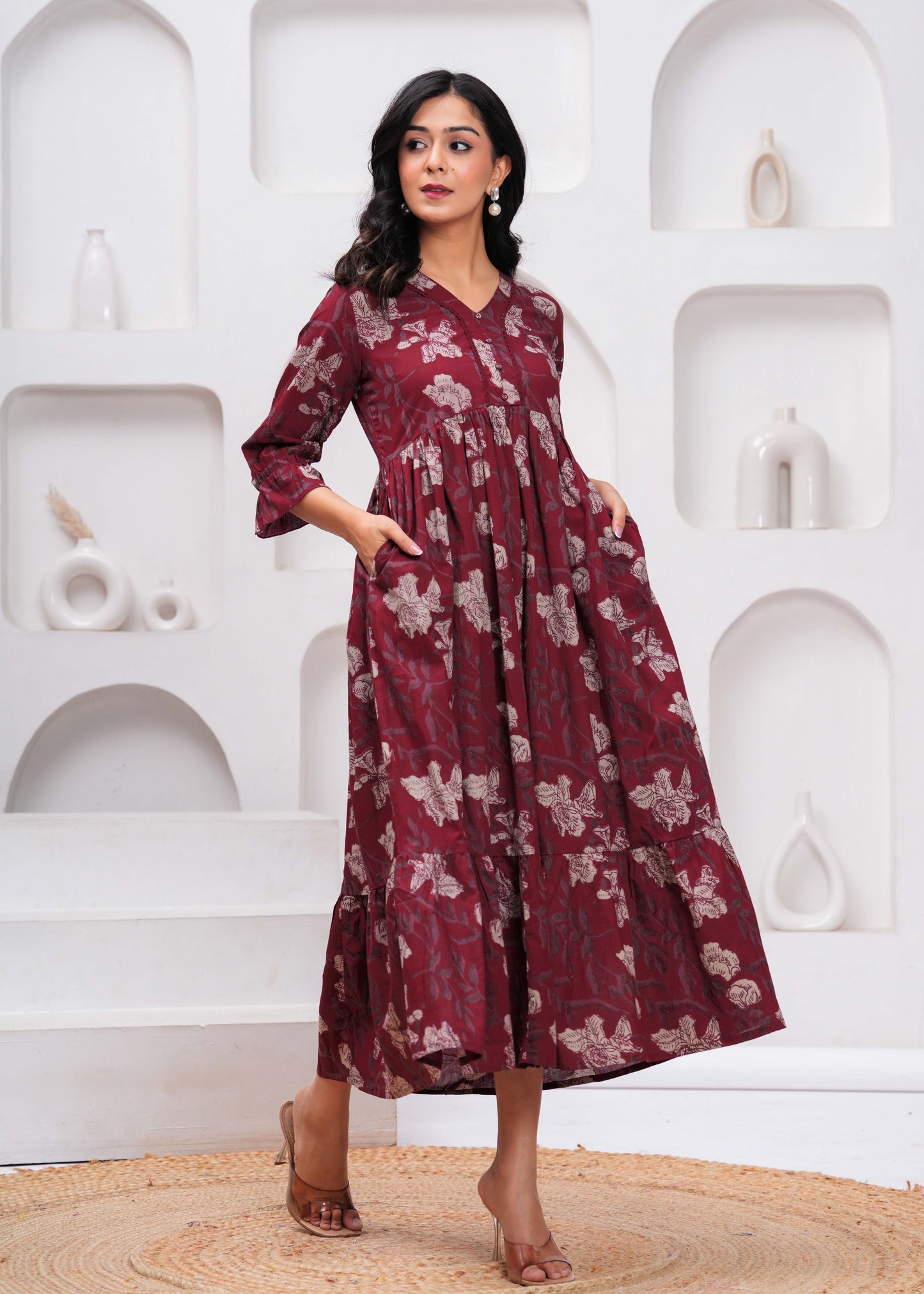 Burgundy Floral Printed Flared Dress for Women | LASVINI - Redefining Indian Fashion with Elegance