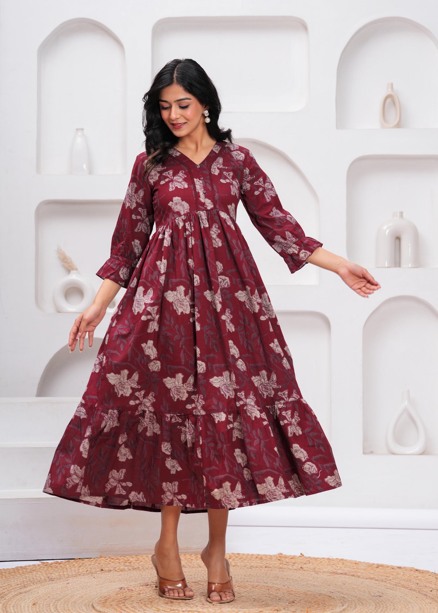 Burgundy Floral Printed Flared Dress for Women | LASVINI - Redefining Indian Fashion with Elegance