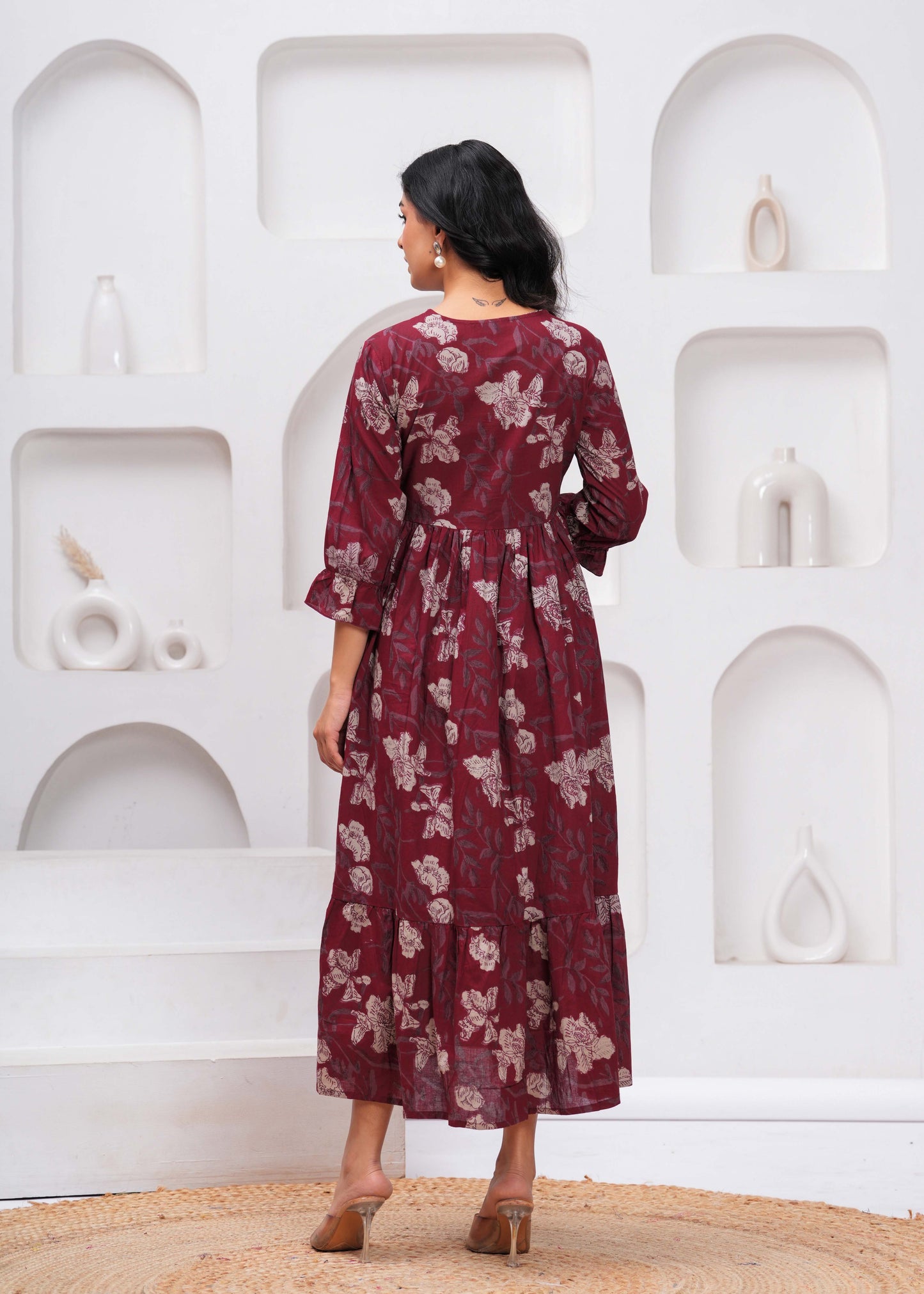 Burgundy Floral Printed Flared Dress for Women | LASVINI - Redefining Indian Fashion with Elegance