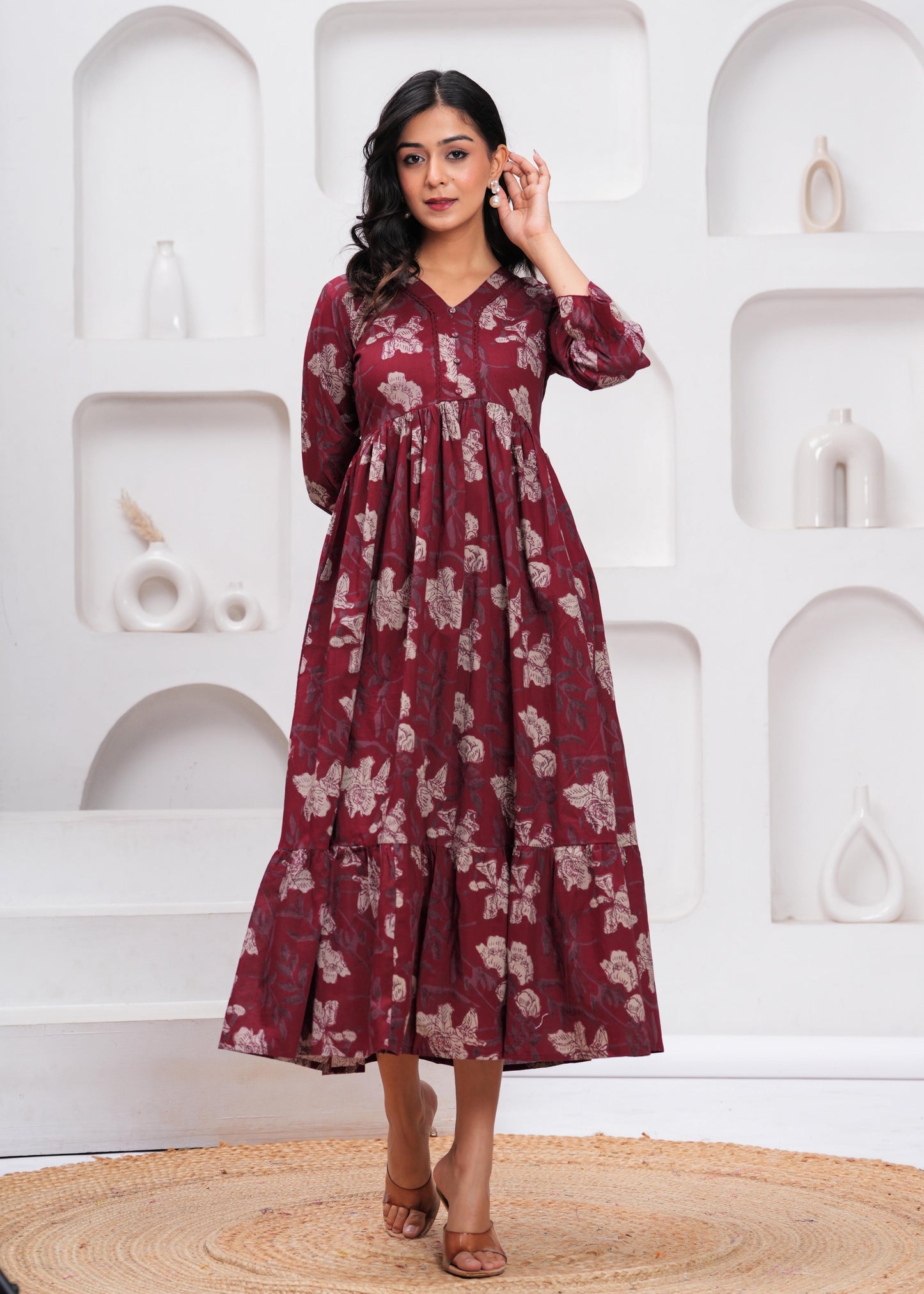 Burgundy Floral Printed Flared Dress for Women | LASVINI - Redefining Indian Fashion with Elegance