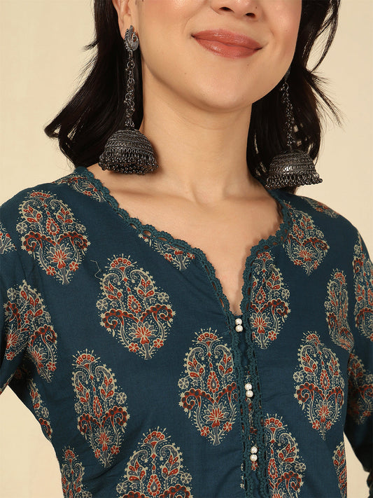 Teal Blue Printed Straight Kurta with Three Quarter Sleeves | LASVINI - Redefining Indian Fashion with Elegance