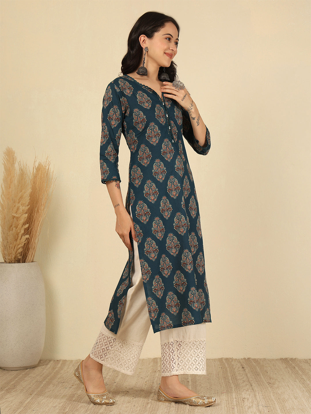 Teal Blue Printed Straight Kurta with Three Quarter Sleeves | LASVINI - Redefining Indian Fashion with Elegance