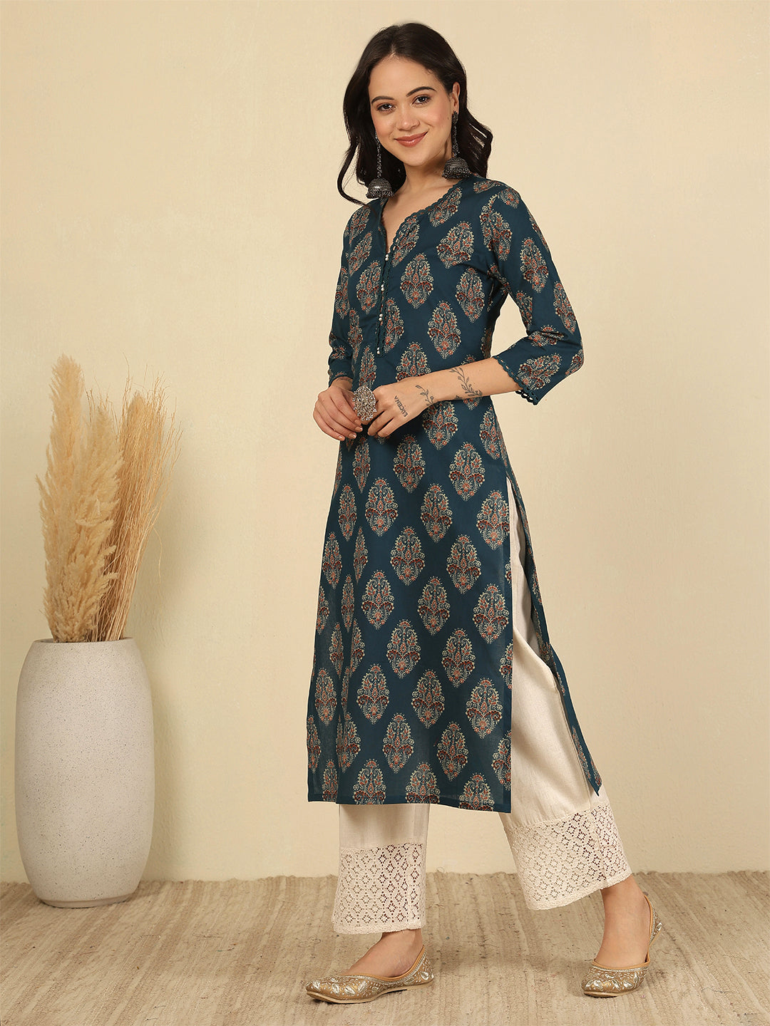 Teal Blue Printed Straight Kurta with Three Quarter Sleeves | LASVINI - Redefining Indian Fashion with Elegance