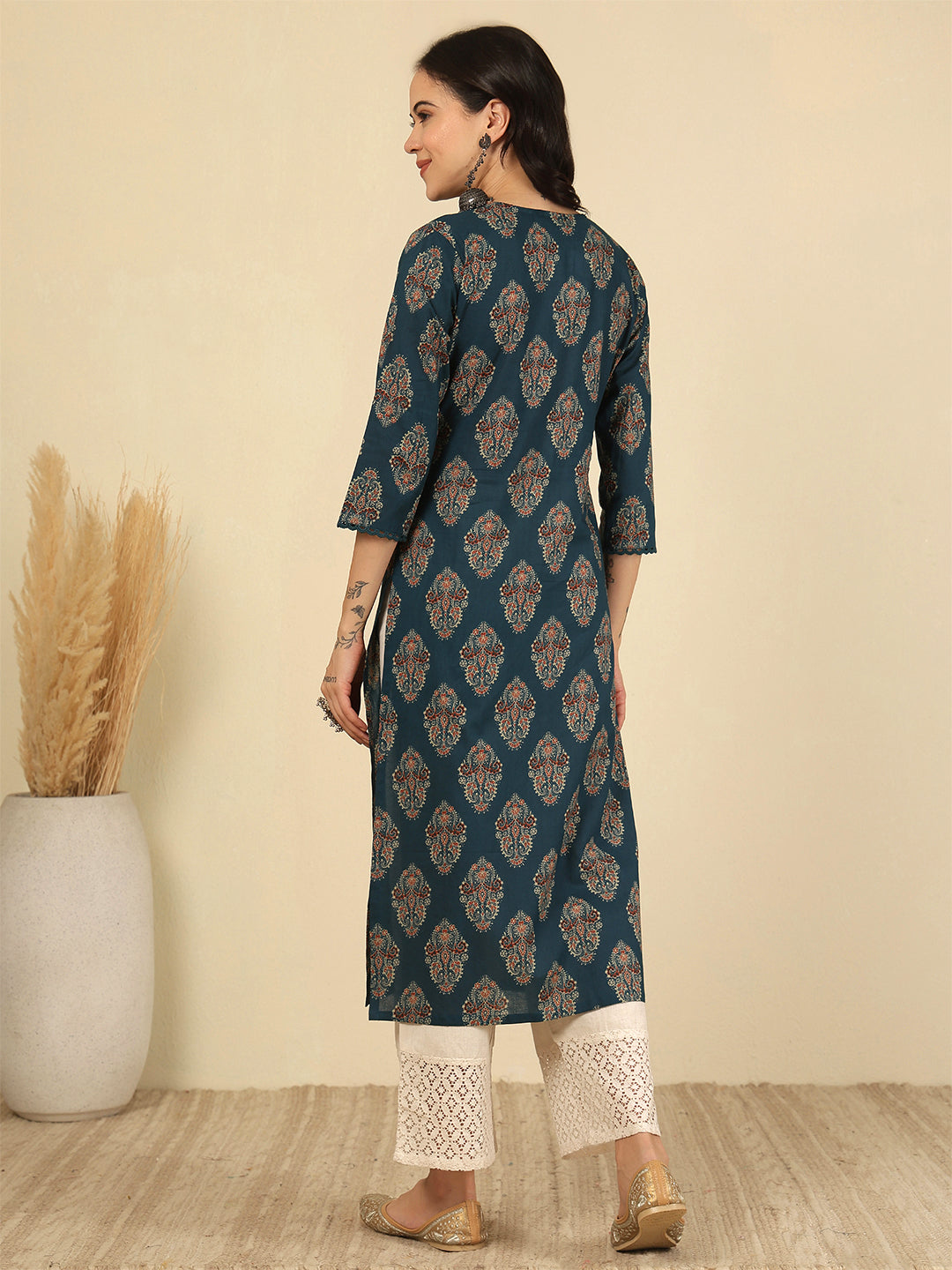 Teal Blue Printed Straight Kurta with Three Quarter Sleeves | LASVINI - Redefining Indian Fashion with Elegance