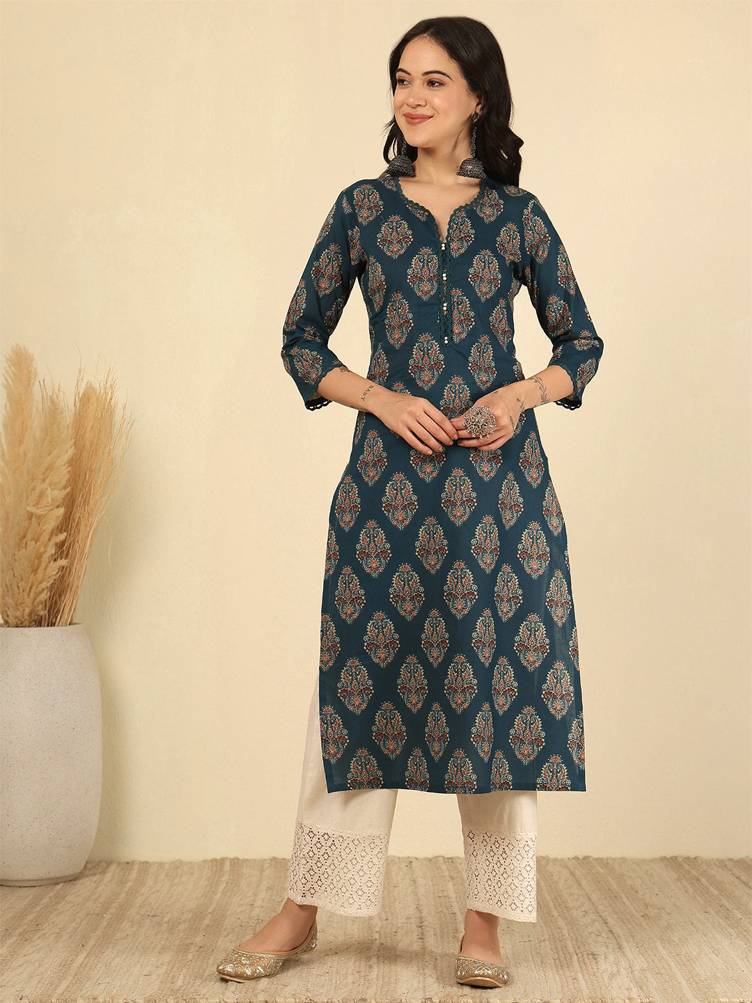 Teal Blue Printed Straight Kurta with Three Quarter Sleeves | LASVINI - Redefining Indian Fashion with Elegance
