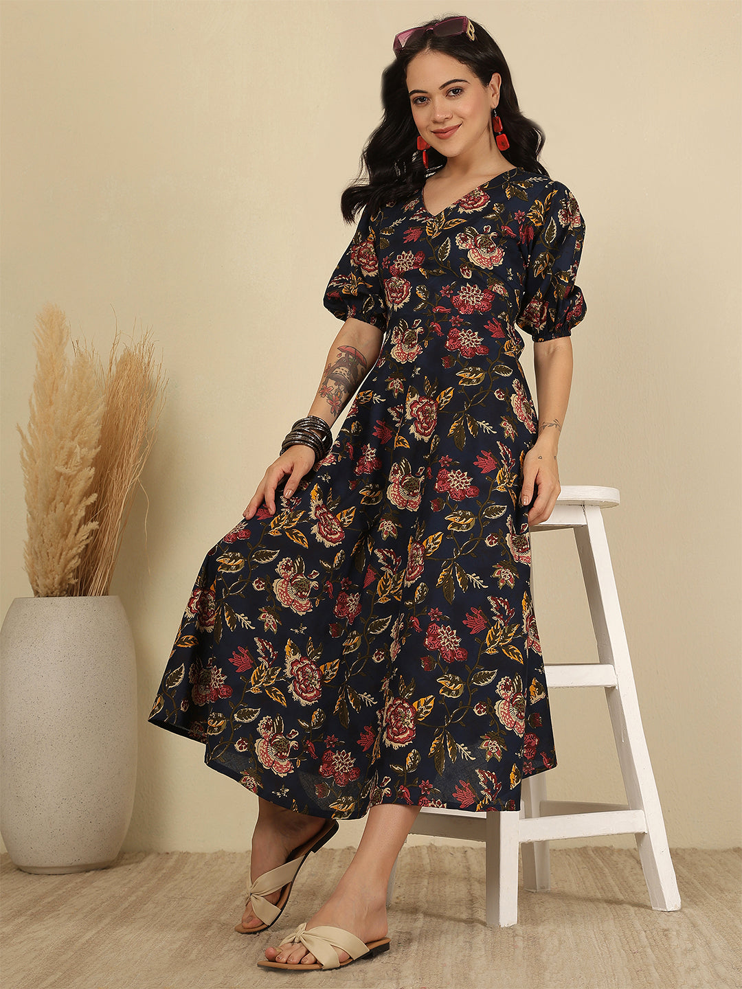 Blue Floral Printed Flared Dress for Women | LASVINI - Redefining Indian Fashion with Elegance