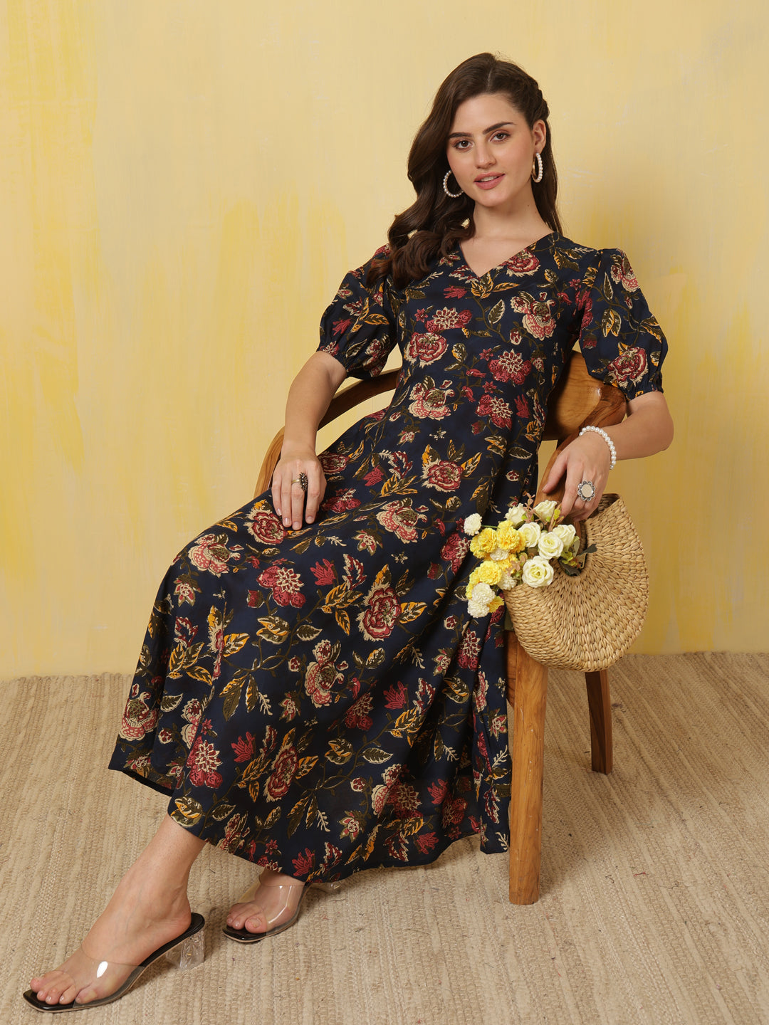 Blue Floral Printed Flared Dress for Women | LASVINI - Redefining Indian Fashion with Elegance