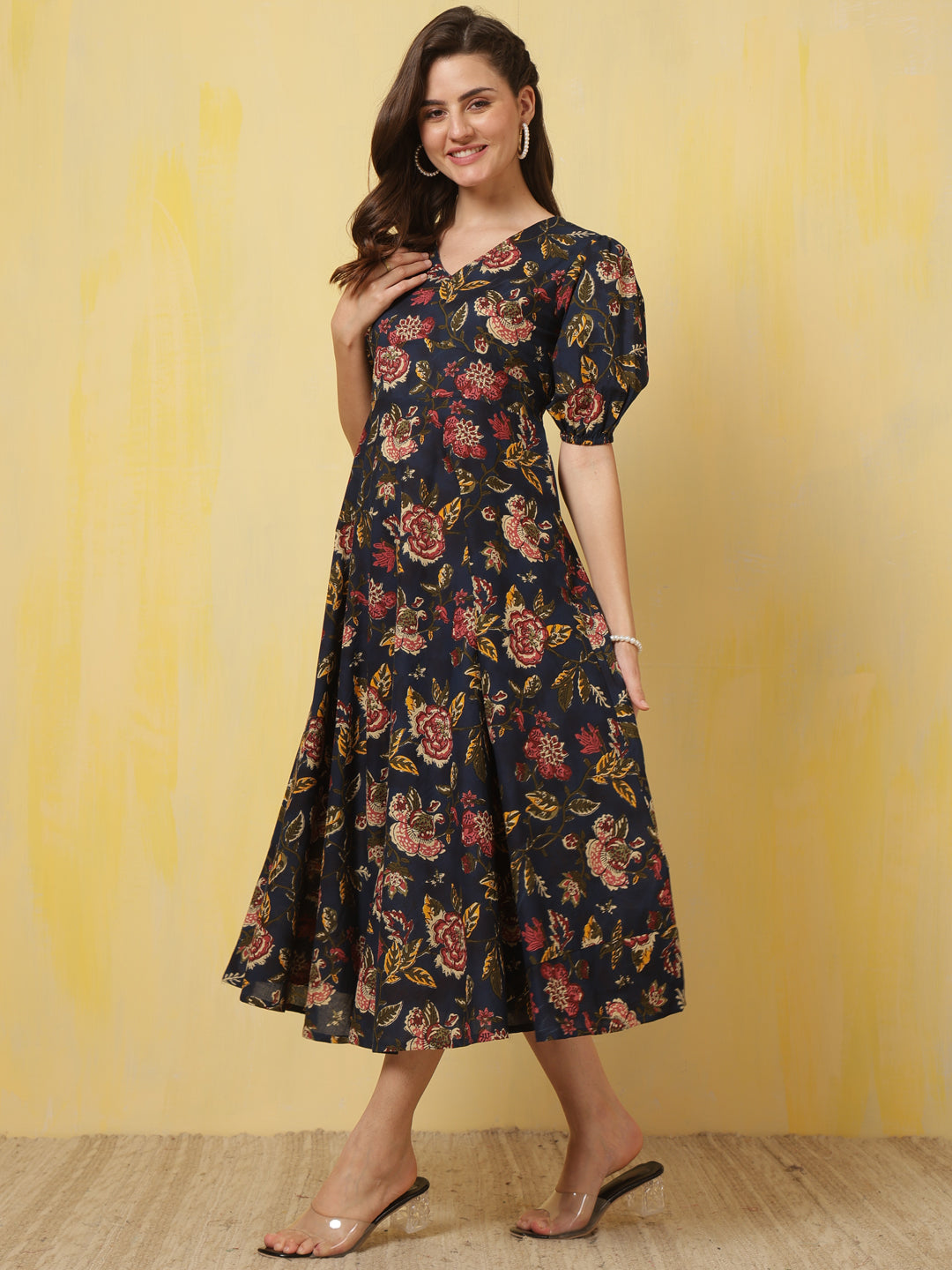 Blue Floral Printed Flared Dress for Women | LASVINI - Redefining Indian Fashion with Elegance