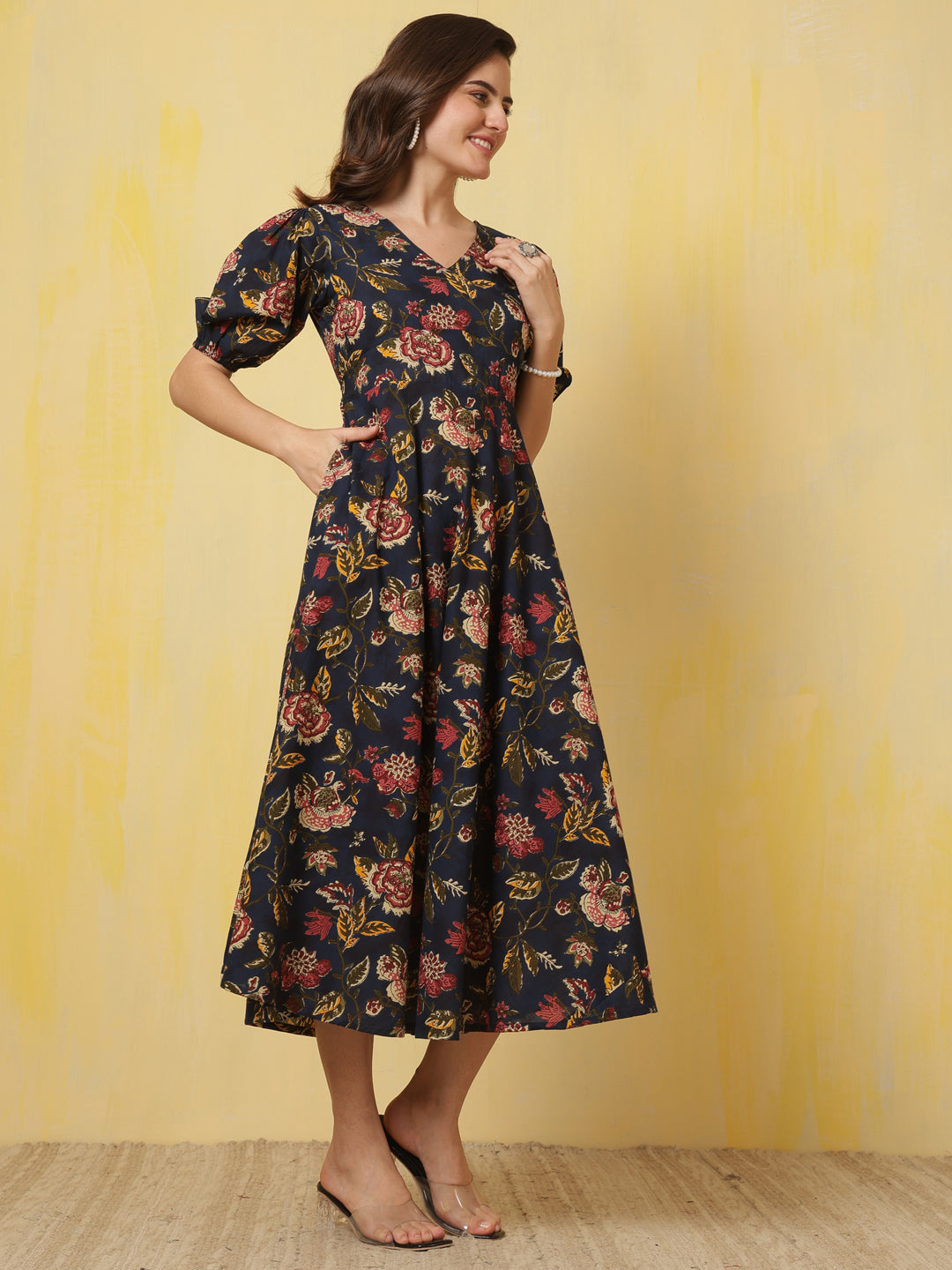 Blue Floral Printed Flared Dress for Women | LASVINI - Redefining Indian Fashion with Elegance