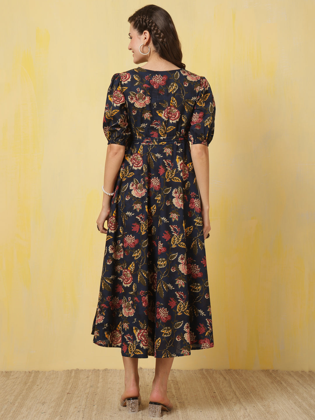 Blue Floral Printed Flared Dress for Women | LASVINI - Redefining Indian Fashion with Elegance