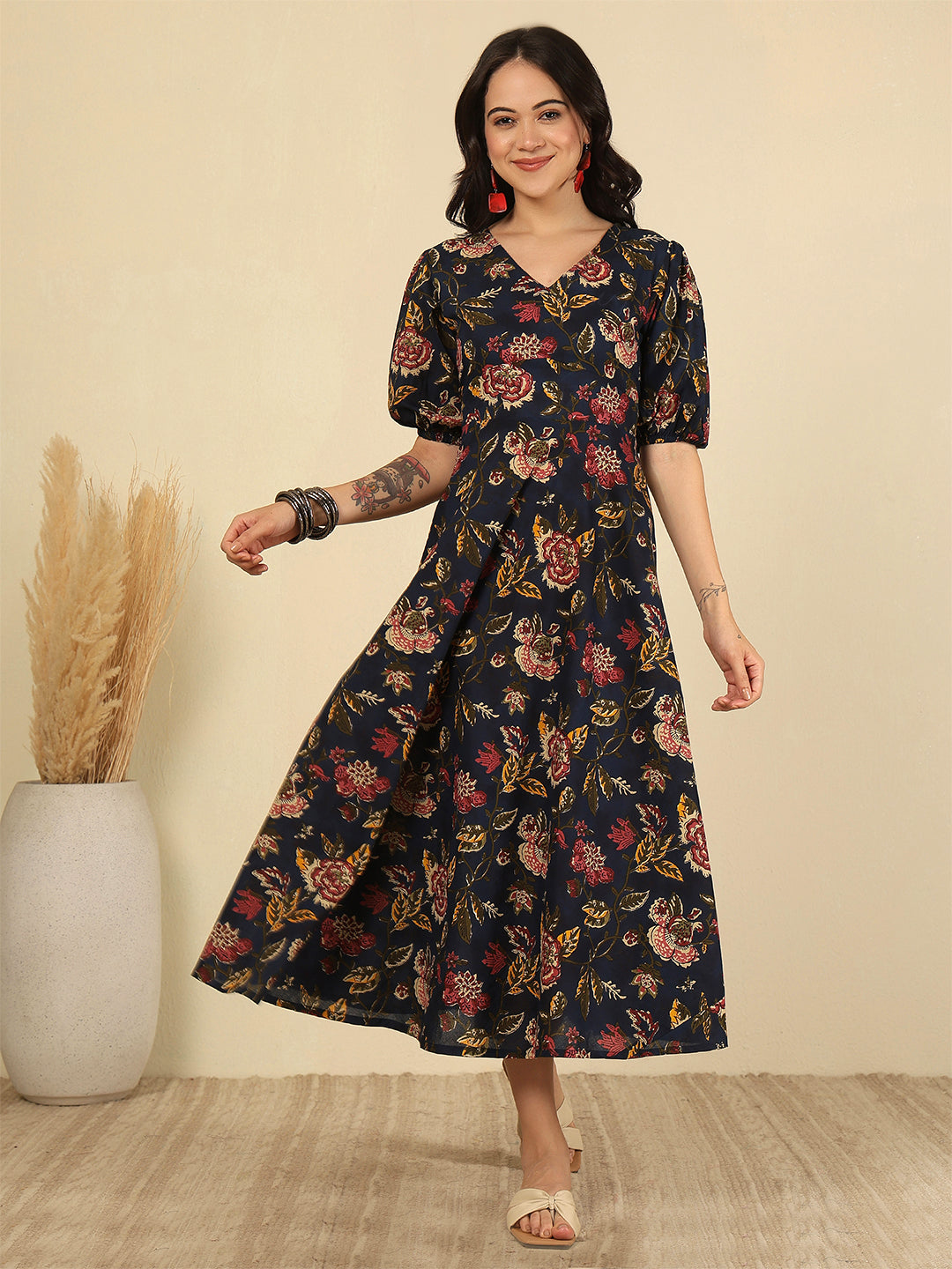 Blue Floral Printed Flared Dress for Women | LASVINI - Redefining Indian Fashion with Elegance