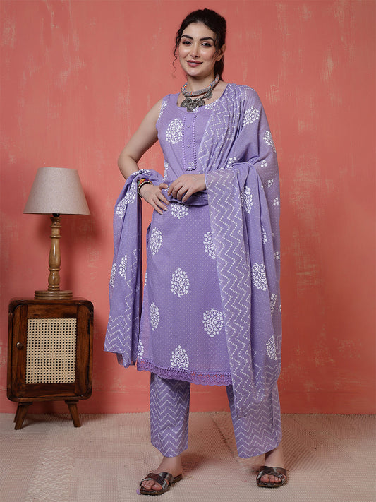 Purple Printed Kurta Set with Dupatta for Women | LASVINI - Redefining Indian Fashion with Elegance