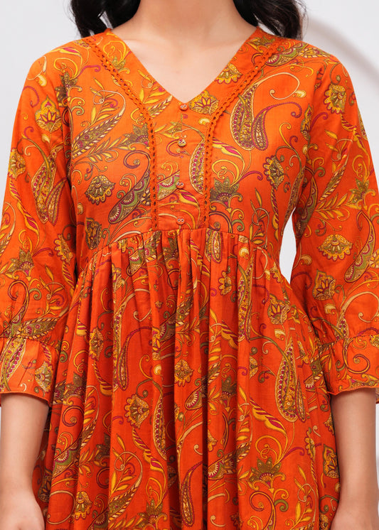 Orange Floral Printed Flared Dress for Women | LASVINI - Redefining Indian Fashion with Elegance