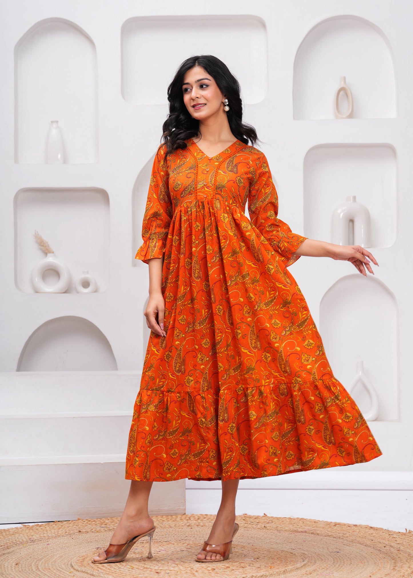Orange Floral Printed Flared Dress for Women | LASVINI - Redefining Indian Fashion with Elegance