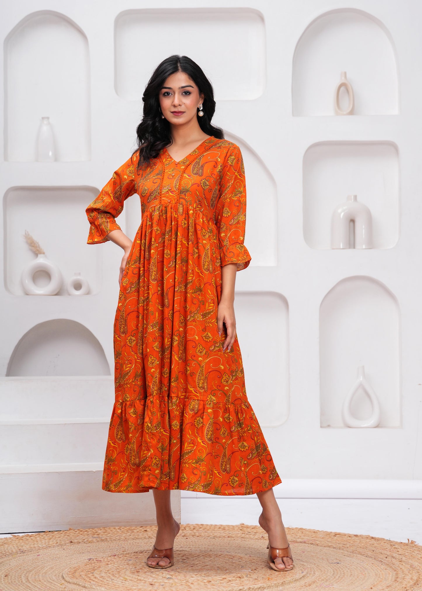 Orange Floral Printed Flared Dress for Women | LASVINI - Redefining Indian Fashion with Elegance