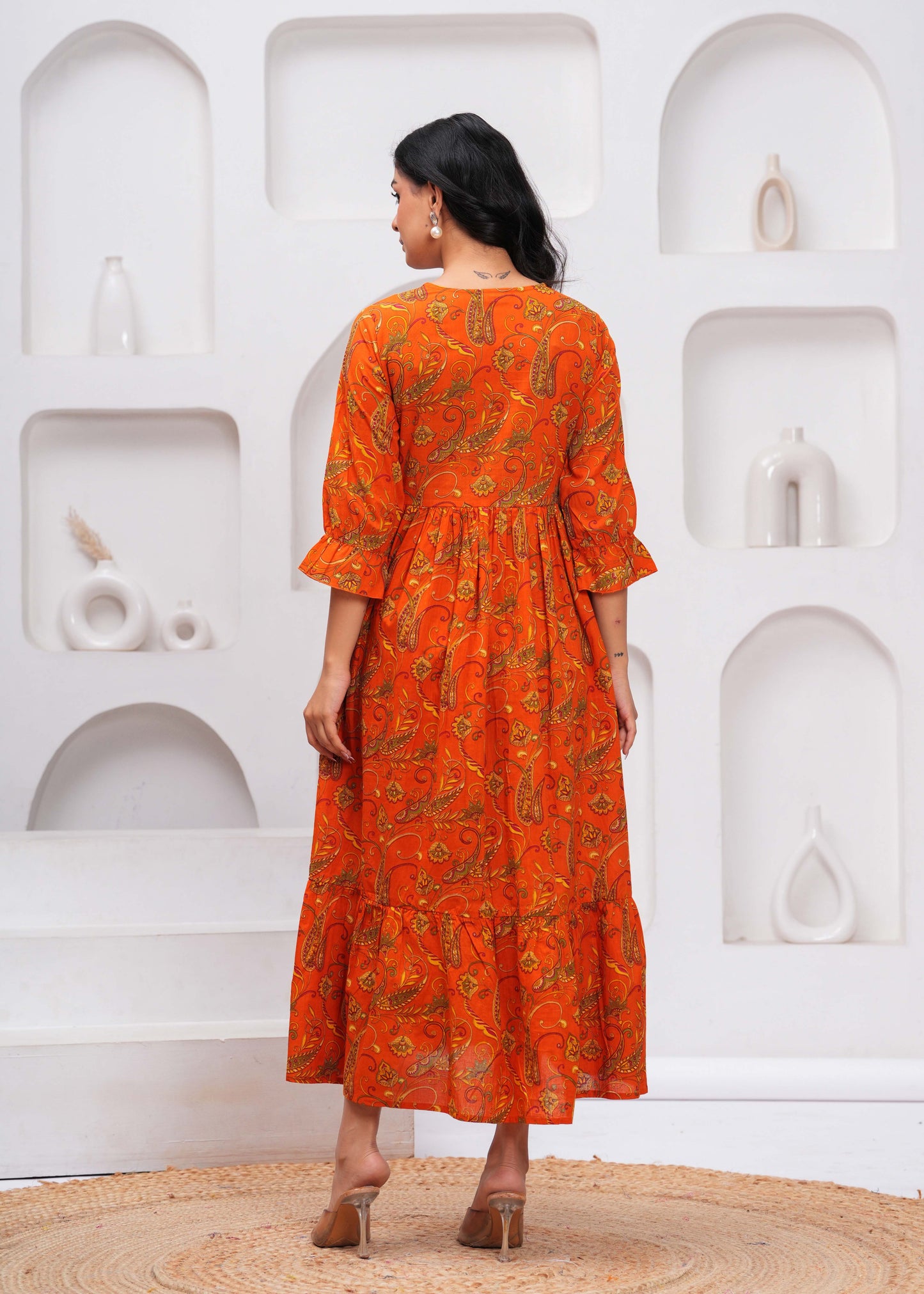 Orange Floral Printed Flared Dress for Women | LASVINI - Redefining Indian Fashion with Elegance