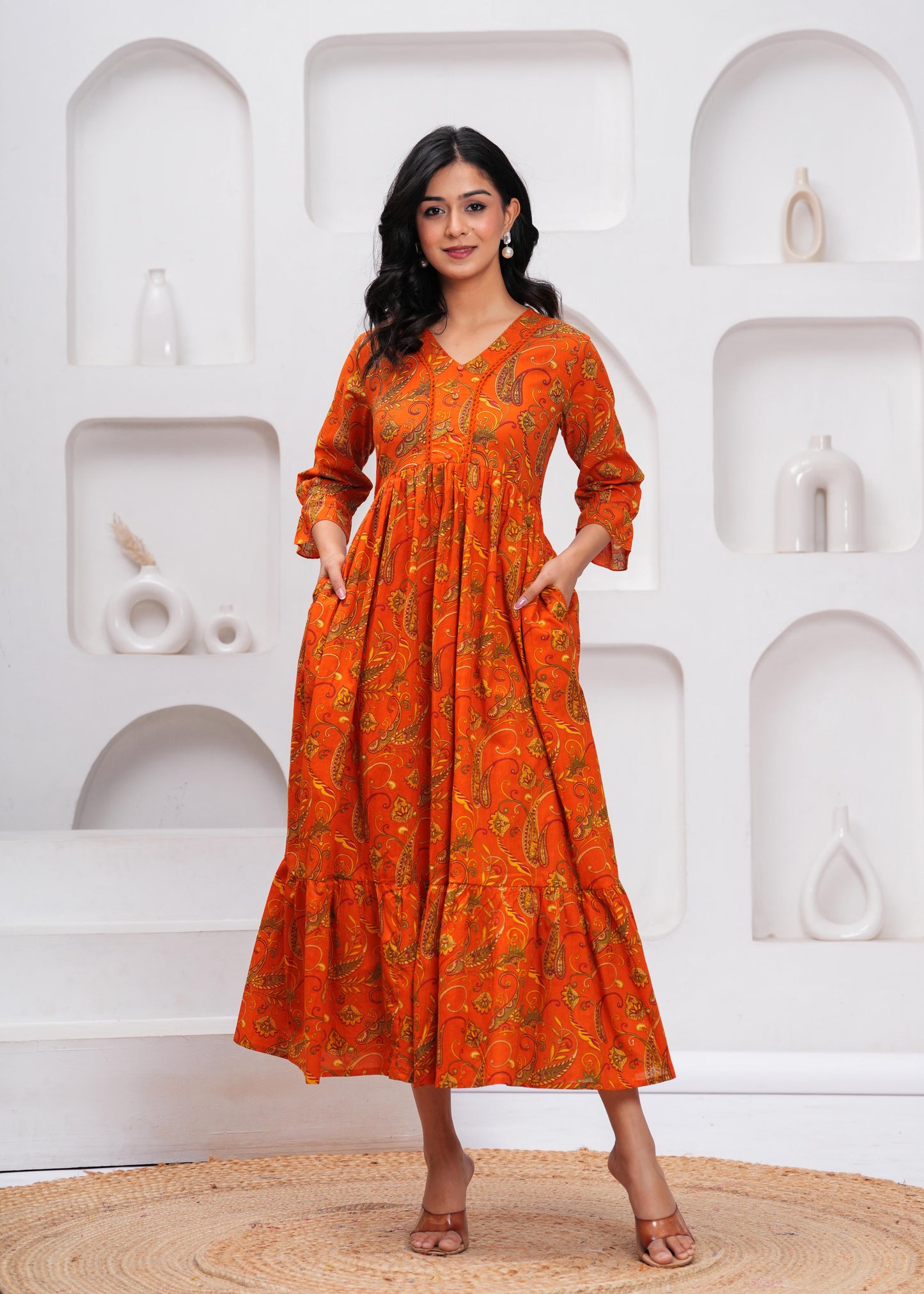 Orange Floral Printed Flared Dress for Women | LASVINI - Redefining Indian Fashion with Elegance