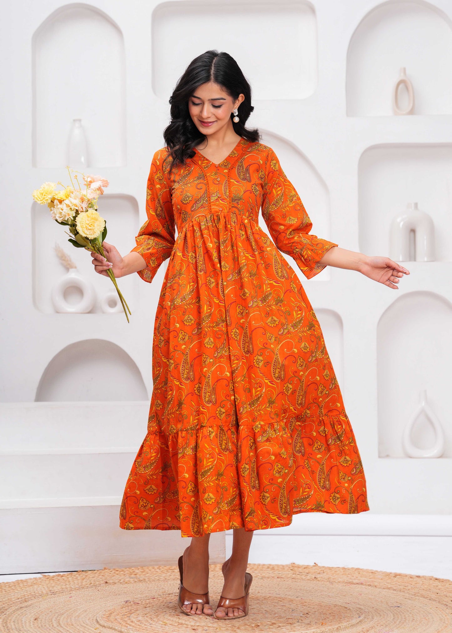 Orange Floral Printed Flared Dress for Women | LASVINI - Redefining Indian Fashion with Elegance