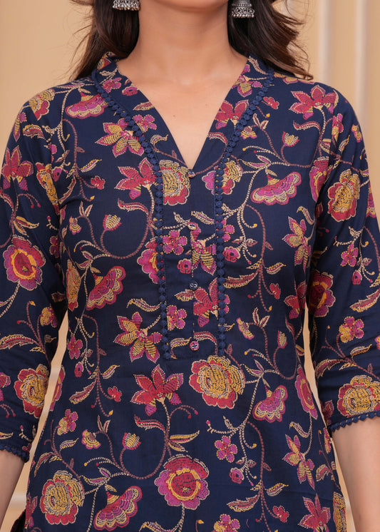 Blue Printed Straight Kurta Set With Dupatta for Women | LASVINI - Redefining Indian Fashion with Elegance