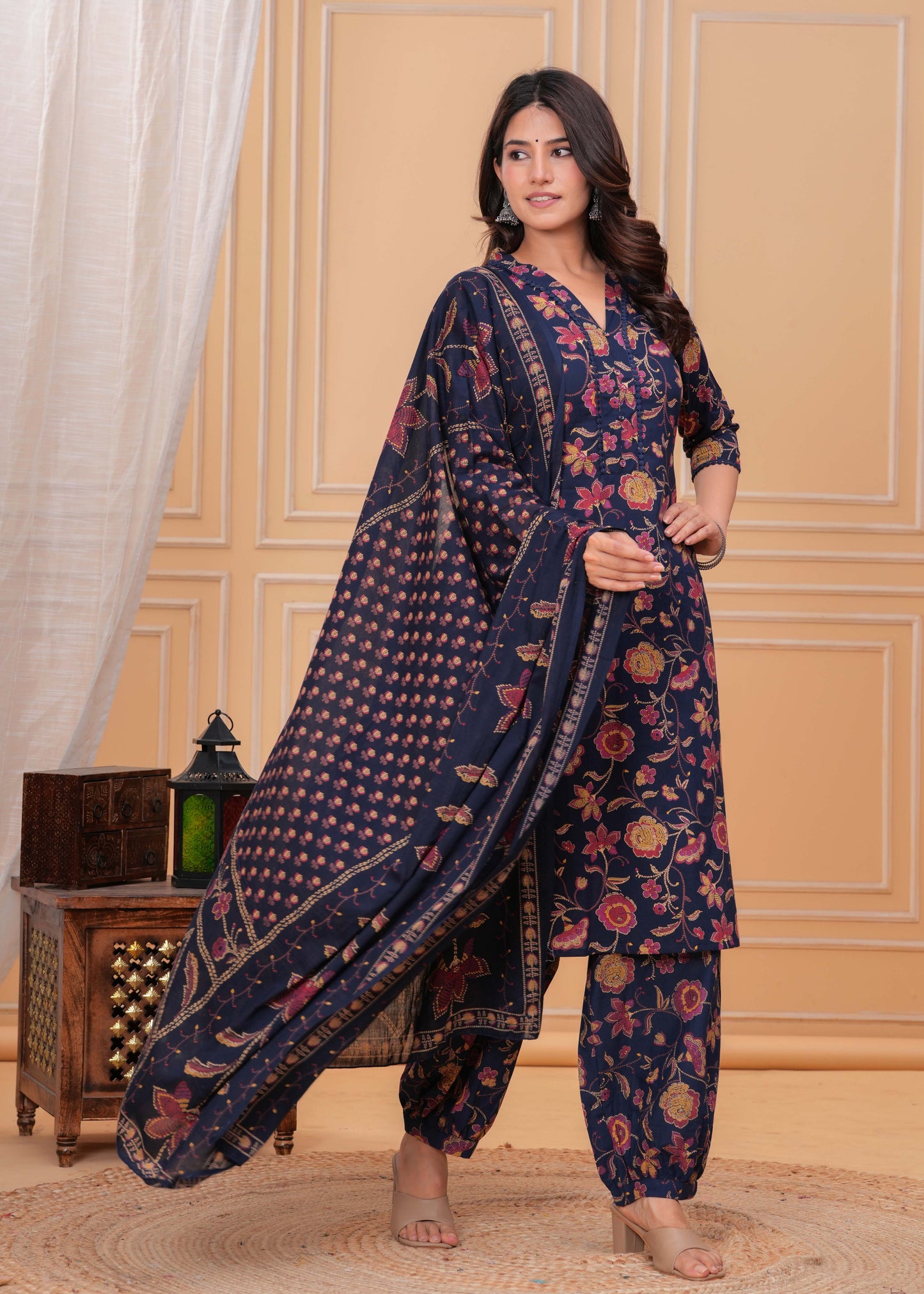 Blue Printed Straight Kurta Set With Dupatta for Women | LASVINI - Redefining Indian Fashion with Elegance
