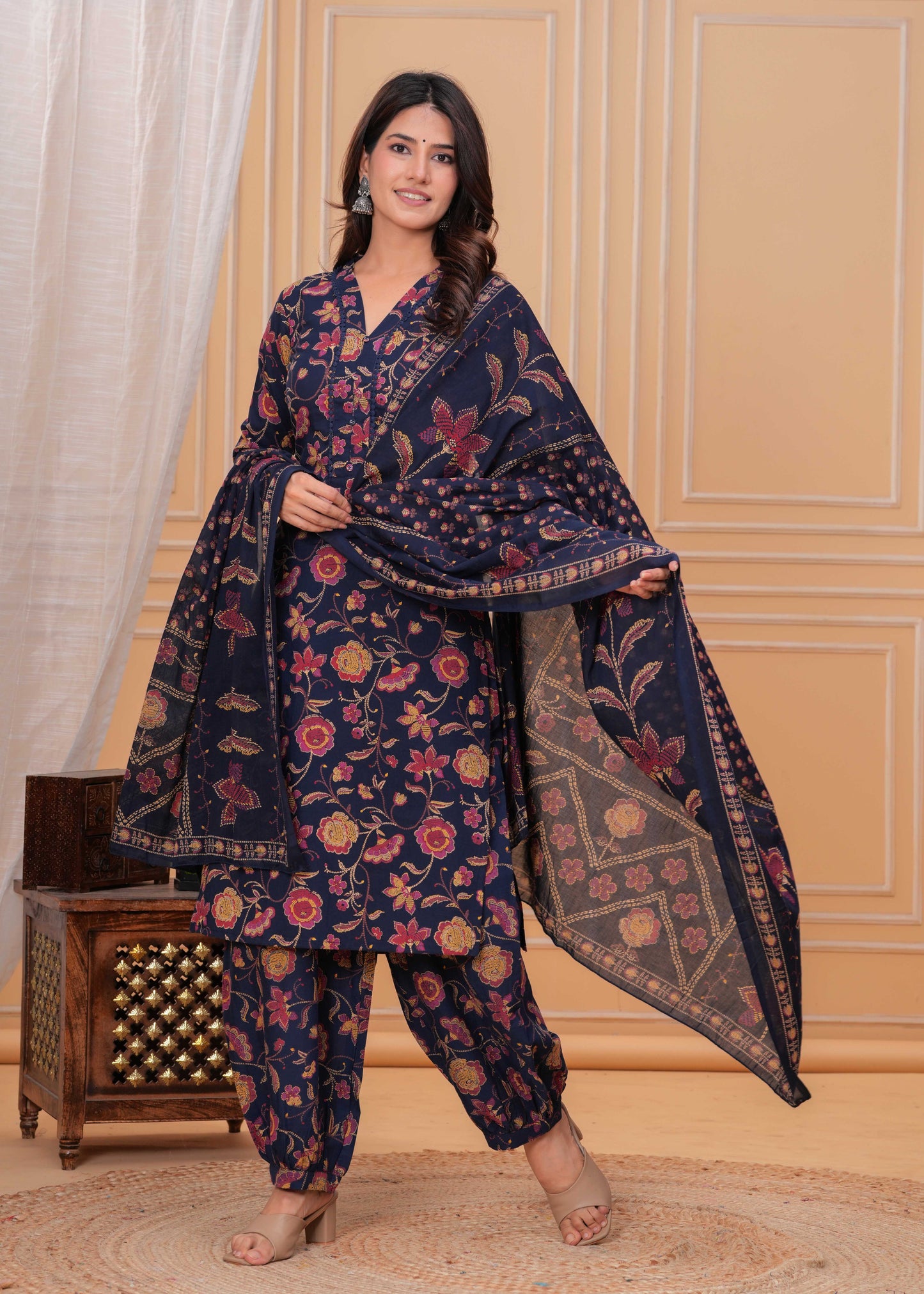 Blue Printed Straight Kurta Set With Dupatta for Women | LASVINI - Redefining Indian Fashion with Elegance
