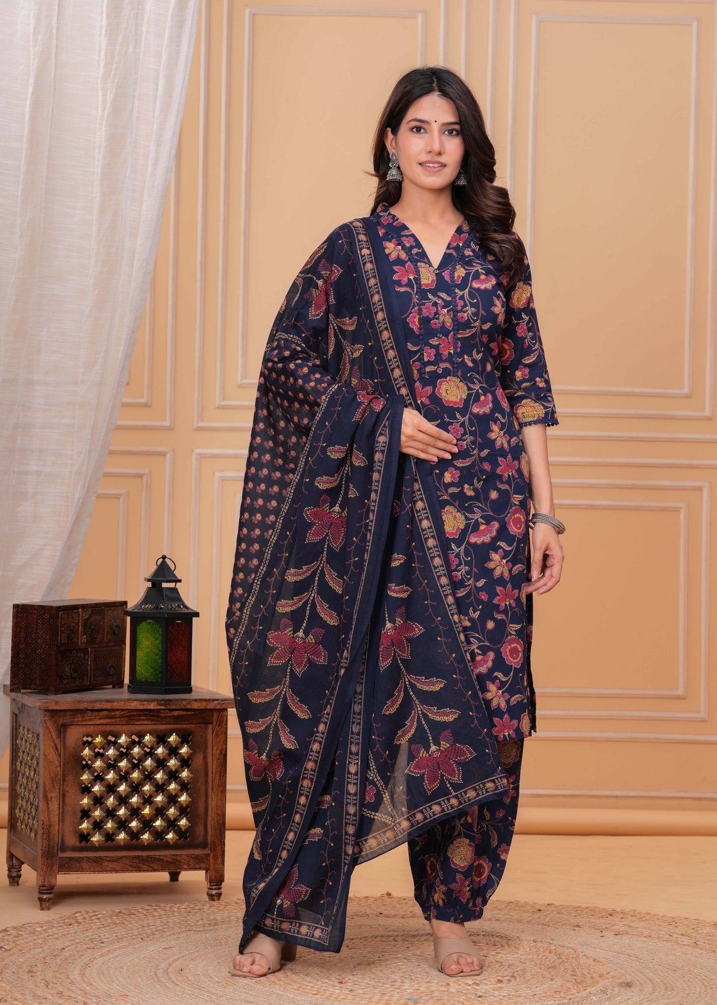 Blue Printed Straight Kurta Set With Dupatta for Women | LASVINI - Redefining Indian Fashion with Elegance