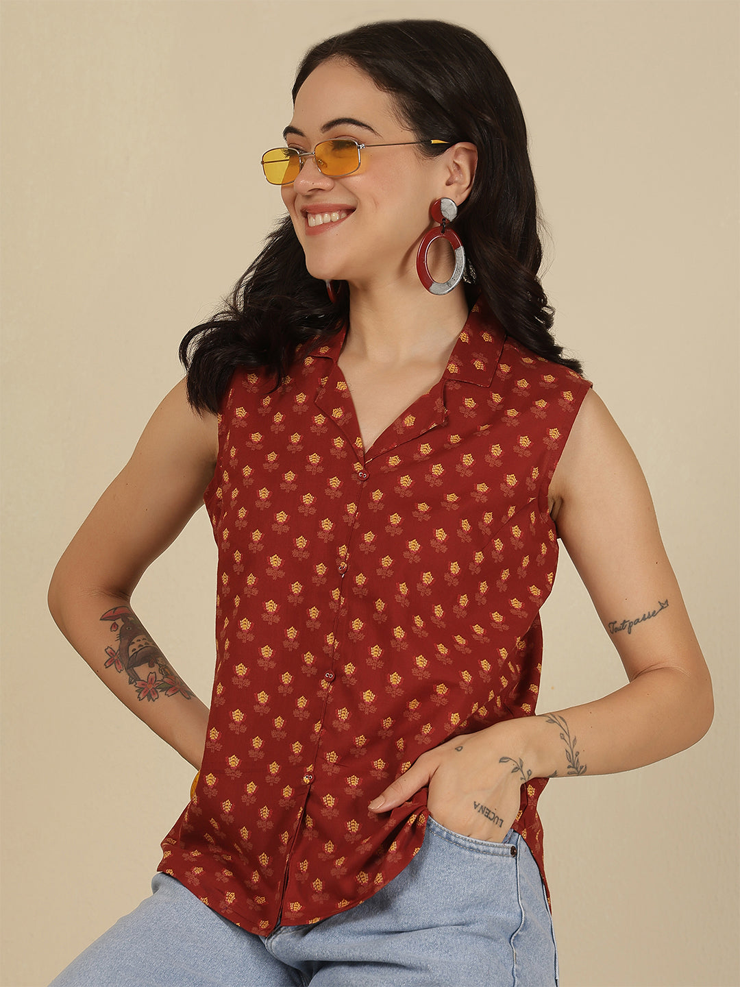 Women Maroon Printed Straight Top | LASVINI - Redefining Indian Fashion with Elegance