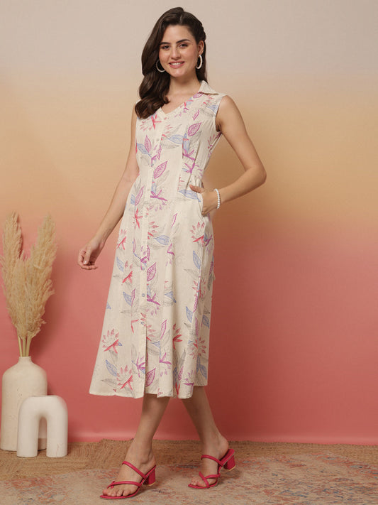 White Printed Notched Collar Dress for Women | LASVINI - Redefining Indian Fashion with Elegance