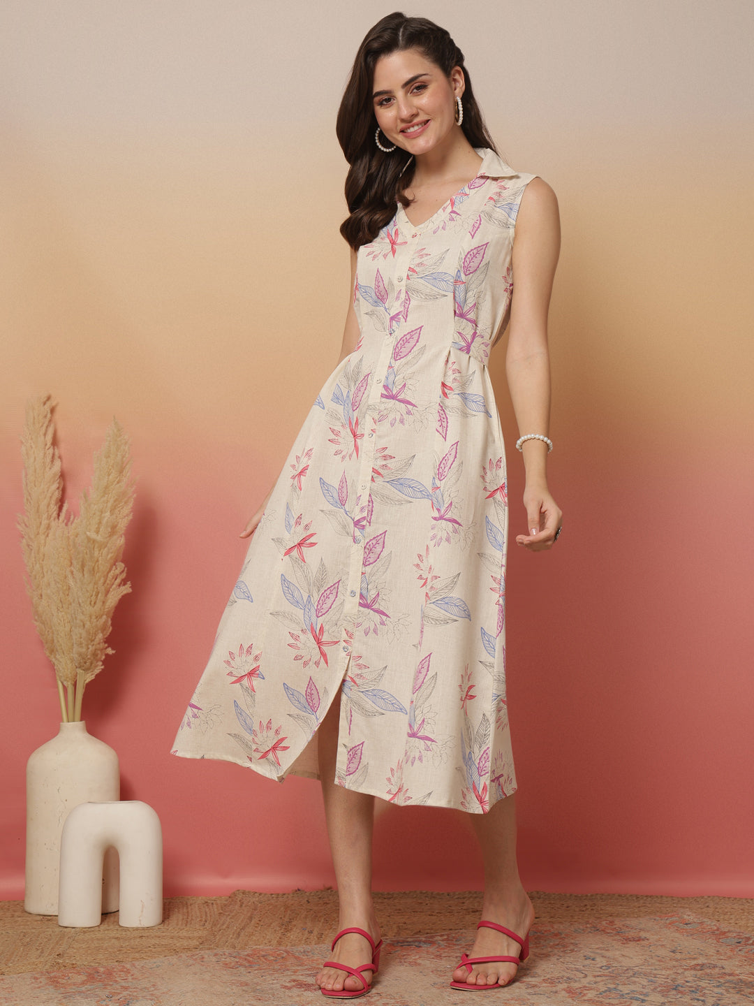 White Printed Notched Collar Dress for Women | LASVINI - Redefining Indian Fashion with Elegance