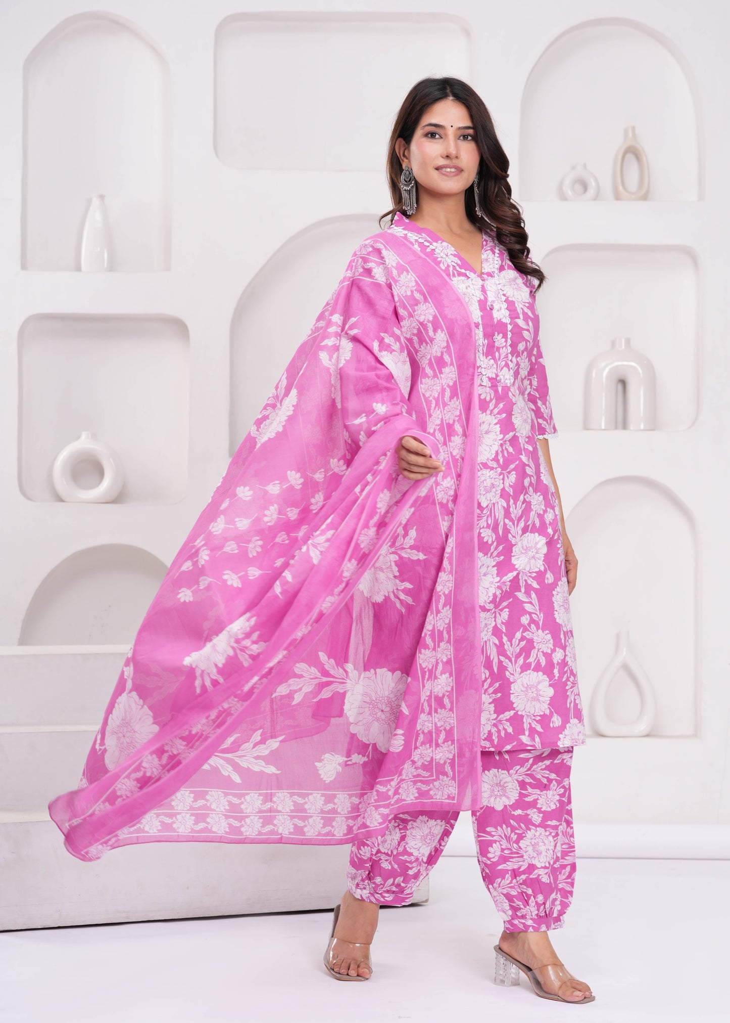 Pink Printed Straight Kurta Set With Dupatta for Women | LASVINI - Redefining Indian Fashion with Elegance