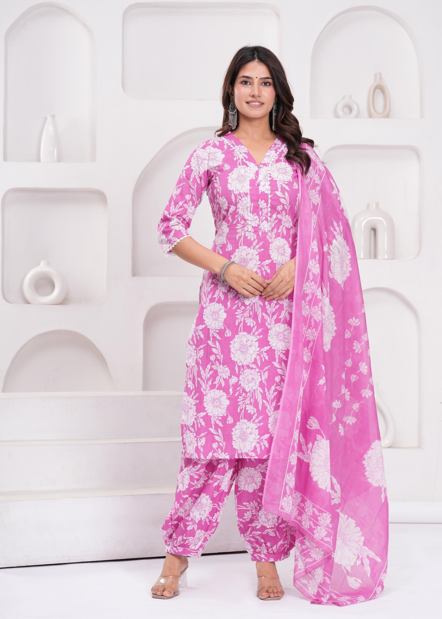 Pink Printed Straight Kurta Set With Dupatta for Women | LASVINI - Redefining Indian Fashion with Elegance