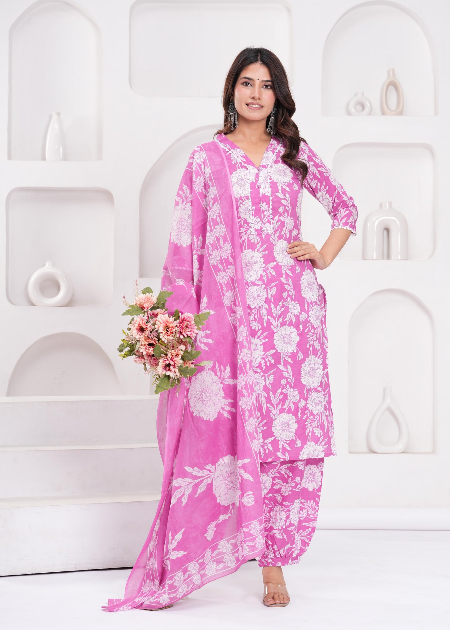 Pink Printed Straight Kurta Set With Dupatta for Women | LASVINI - Redefining Indian Fashion with Elegance