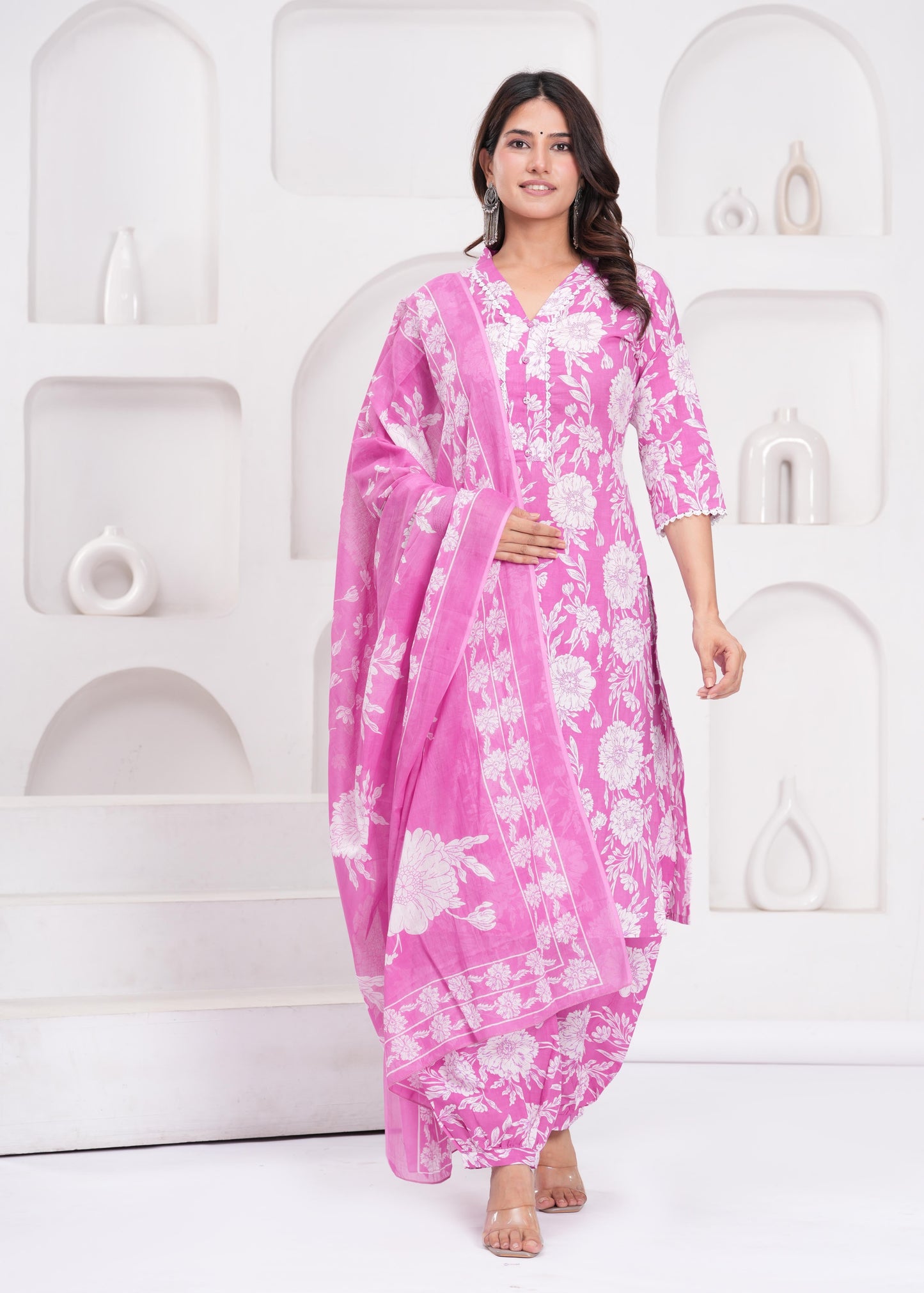 Pink Printed Straight Kurta Set With Dupatta for Women | LASVINI - Redefining Indian Fashion with Elegance