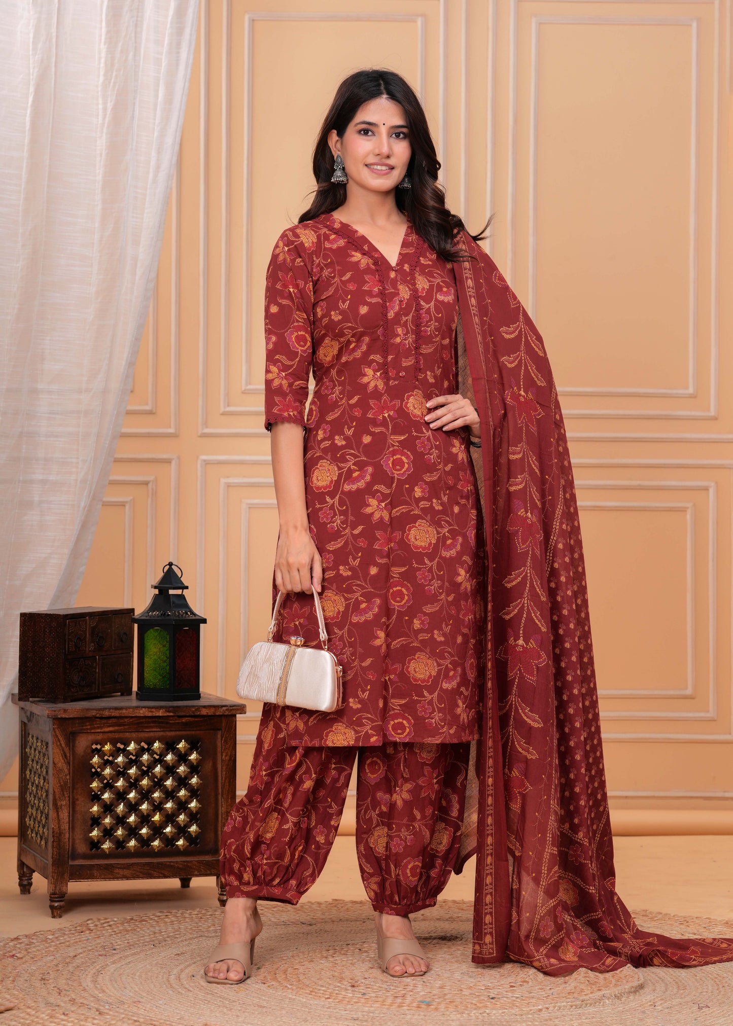 Maroon Printed Straight Kurta Set With Dupatta for Women | LASVINI - Redefining Indian Fashion with Elegance