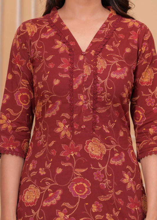 Maroon Printed Straight Kurta Set With Dupatta for Women | LASVINI - Redefining Indian Fashion with Elegance